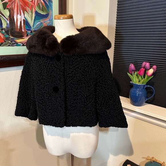 Unknown Vintage Jackets & Blazers - Persian Lamb Faux Fur Jacket w/ Real Rabbit Fur Collar - Vintage1950s-60s Sz S-M